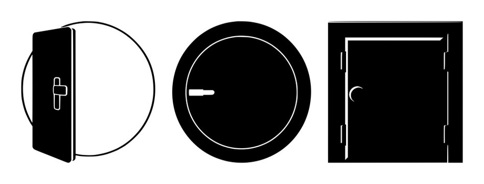 Solid black icon, white background: bank vault security door set with simple line art design featuring sketches, drawings, vector graphics with minimalist and simple illustrations