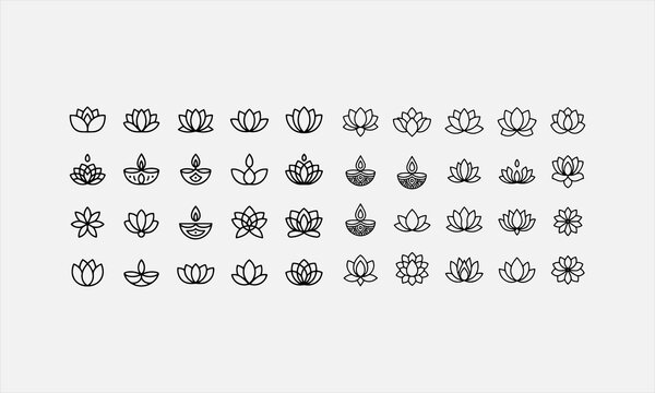 Lotus Flower for Diwali Celebration line art icon set vector illustration