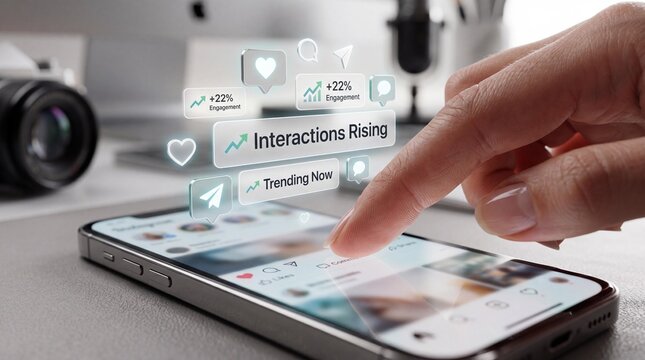 Hand interacting with smartphone showing rising social media engagement