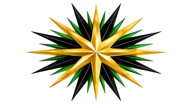 Three dimensional geometric star shape with green black and gold metallic spikes