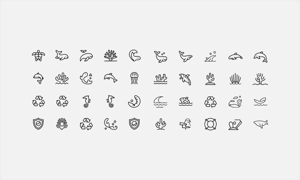Marine Conservation for Wildlife Conservation. line art icon set vector illustration