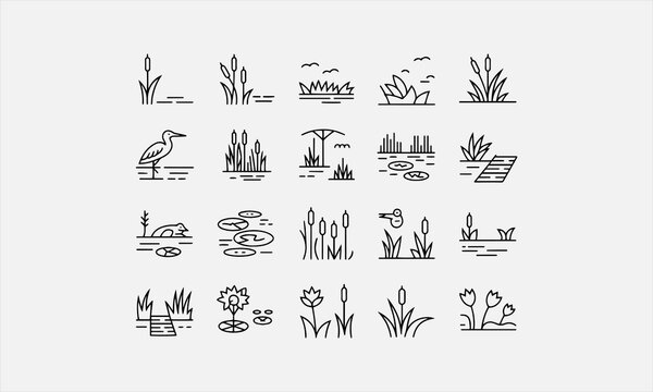 Marshes Landscape Vector line art icon set Illustration