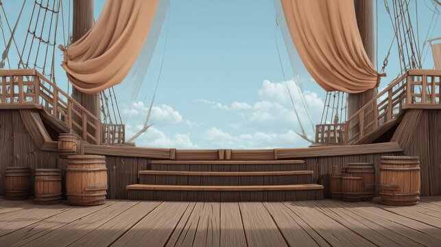 A wooden ship deck with barrels and soft cloth sails against a blue sky.