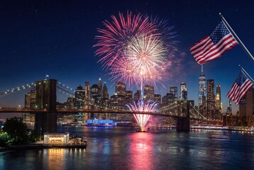 Spectacular Fourth of July fireworks illuminate the New York City skyline over the Brooklyn Bridge at night.
