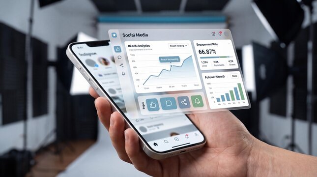 Hand holding smartphone with social media analytics on screen