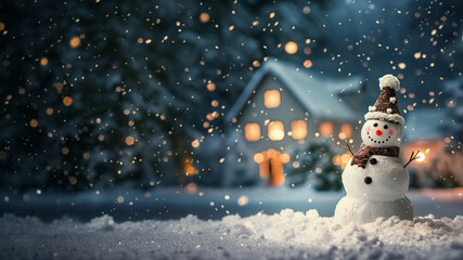 Obraz premium Snowman in snowy village at night with warm lights. Christmas holiday concept.