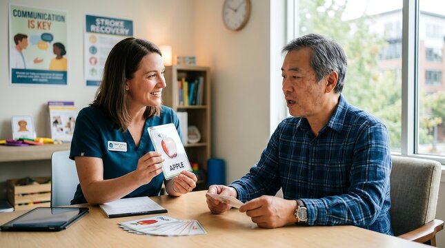 A speech therapist works with an elderly Asian man, using flashcards to aid in his communication recovery.