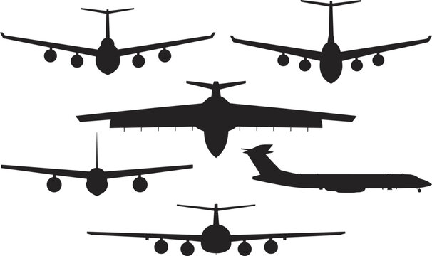 Five black silhouette airplane icons viewed from different angles on white Keywords: airplane, aircraft, jet, aviation, flight