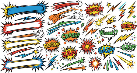 Retro comic book sound effects and speech bubbles vector set with crash explosion bursts flash lightning speed lines and text onomatopoeia sound effects. © Md