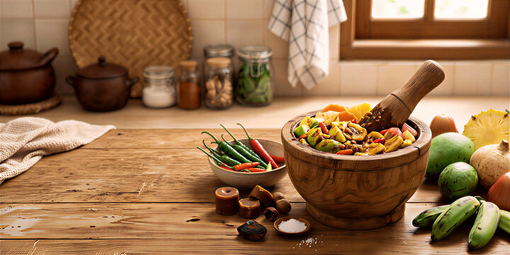 Traditional Indonesian Fruit Salad Rujak in Wooden Mortar with Fresh Ingredients and Copy Space