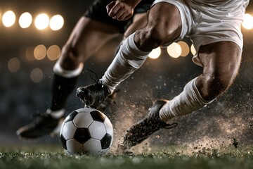 Naklejka premium Close-up action shot of soccer players' legs and feet battling for the ball on a grassy field.