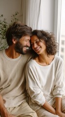 Fototapeta premium Happy couple enjoying a joyful moment together by the window.