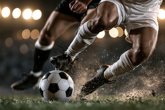 Close-up action shot of soccer players' legs and feet battling for the ball on a grassy field.