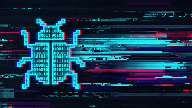 Binary code bug icon on neon digital glitch background, security vulnerabilities
