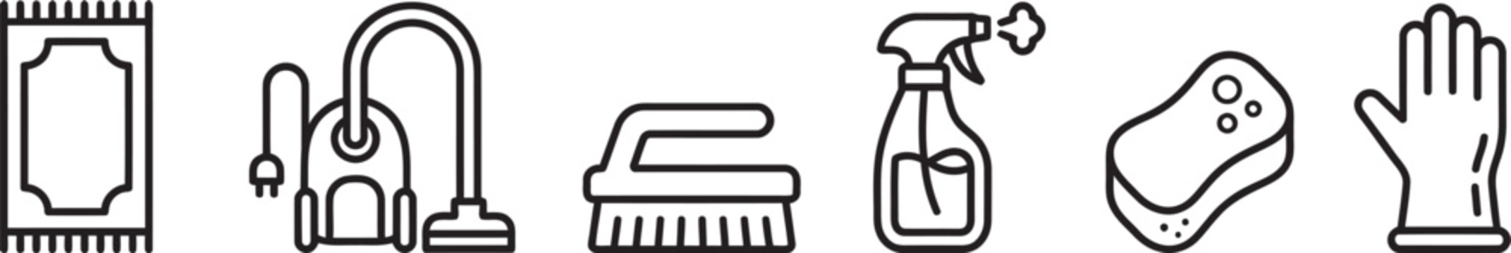 Household cleaning equipment line set featuring rug vacuum cleaner brush spray bottle sponge and rubber glove for domestic maintenance