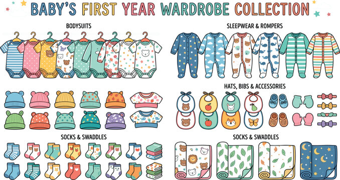 Baby first year wardrobe vector collection featuring cute cartoon bodysuits sleepwear rompers hats bibs socks swaddles and newborn clothing accessories.