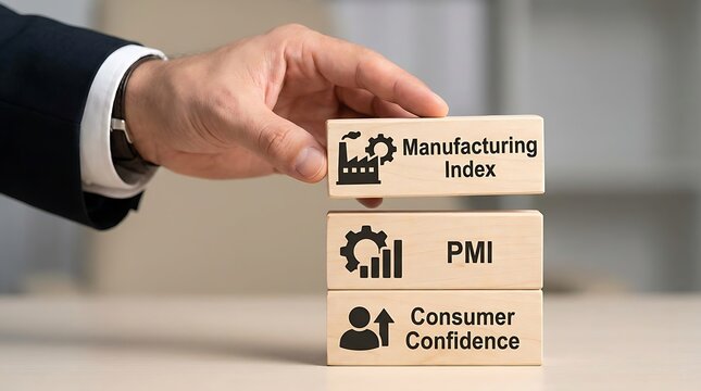 Businessman stacking wooden blocks representing manufacturing index PMI and consumer confidence for economic analysis concept