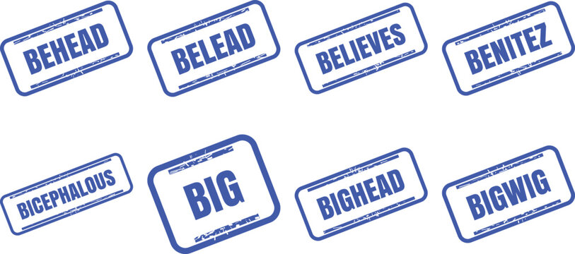 Set of blue rubber stamp style text labels with various words stamp vector design set