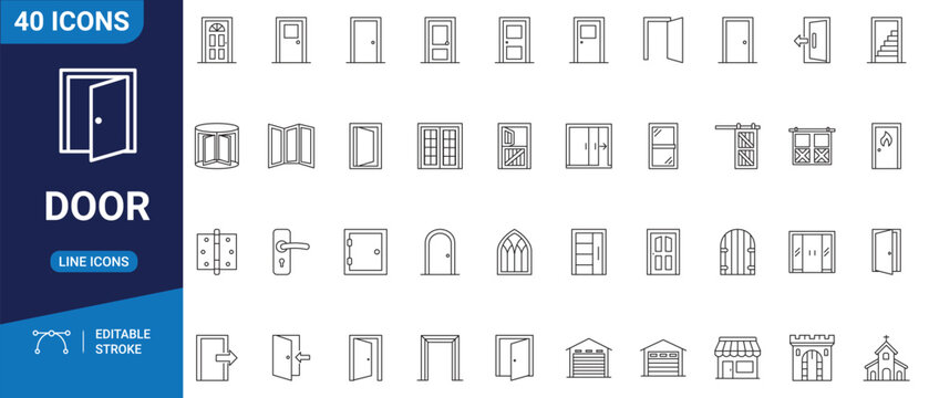 Door icon set in outline style. Includes open door, closed door, door handle, keyhole, double doors, and smart lock icons. Editable stroke. Vector icon set.