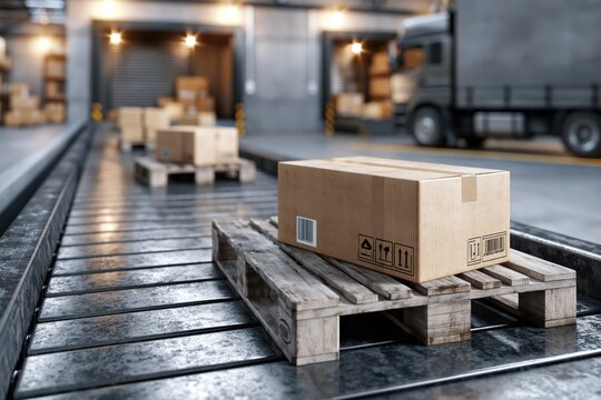 Cardboard boxes on pallets moving along a conveyor belt in a modern warehouse loading dock with a truck.