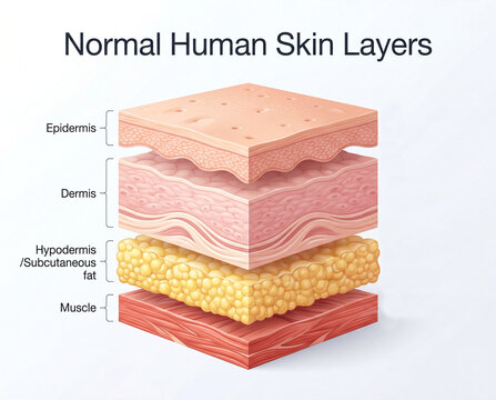 Crosssection of normal human skin layers showing epidermis, dermis, hypodermis and muscle isolated on white background