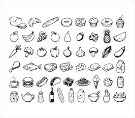 Fototapeta premium Black and white illustrations of various food and drink items on white background