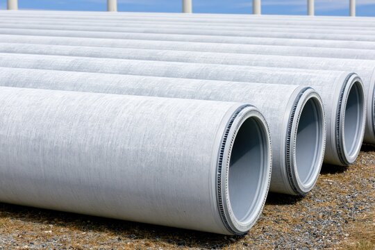 Large concrete pipes lined up outdoors on gravel under a clear blue sky, ready for construction.