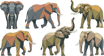 Low Poly Elephant Collection Featuring Geometric Wildlife Animals in Polygonal Style with African Safari Mammal Vector Illustration Set