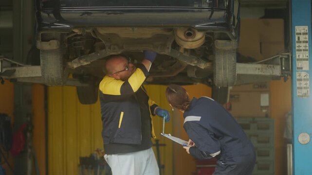 Caucasian male mechanic with glasses and a beard works alongside a female technician, reviewing a digital tablet and giving a thumbs-up. This high-energy commercial imagery represents gender diversity