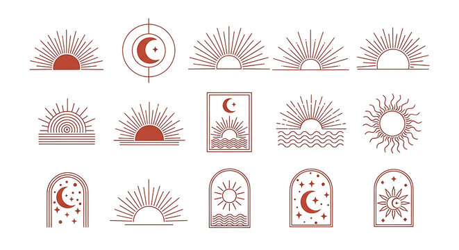 Collection of minimalist celestial sun and moon symbols with celestial mystical astrology esoteric spiritual sunburst crescent minimalist geometric ornament