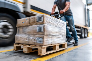 Fototapeta premium Warehouse worker uses a pallet jack to move stacked boxes wrapped in plastic film next to a truck.