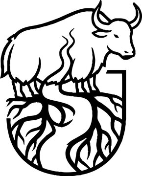 Illustrated bull standing on roots in letter U shape.