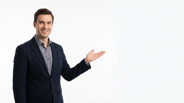 Smiling businessman in suit presenting empty copy space on white background