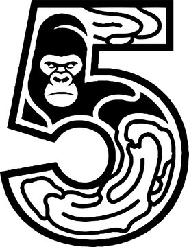 Gorilla face integrated into stylized number five design.