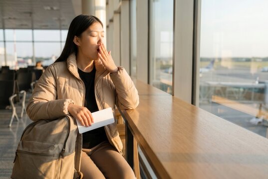 Asian woman feeling tired and experiencing jet lag while waiting for departure