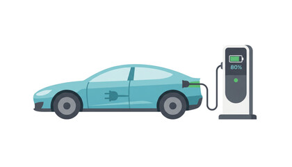 Naklejka premium Electric car charging at public station with battery power level indicator for eco SVG banner