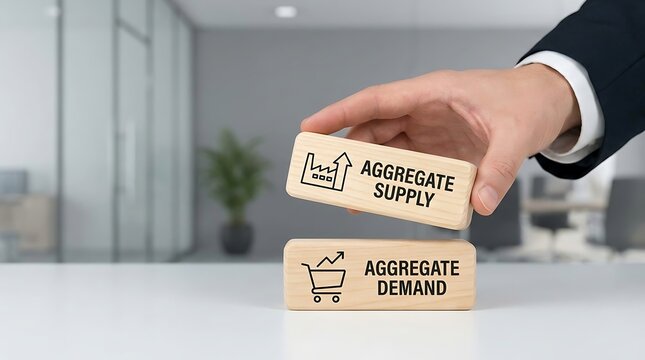 Hand holding wooden blocks illustrating concepts of aggregate supply and aggregate demand in a modern office setting