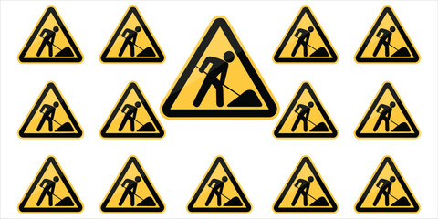 Numerous yellow warning signs showing a man digging with a shovel Keywords: warning sign, construction, road work, hazard, danger © mstharisa