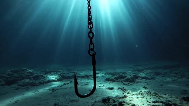 Large metal fish hook on a heavy chain underwater with sunbeams illuminating the ocean floor