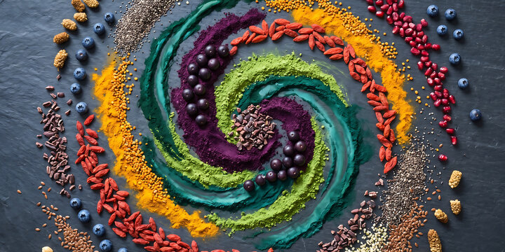 Vibrant superfood spiral composition with nutrient dense powders and seeds arranged as colorful circular swirl pattern on dark textured stone culinary background.