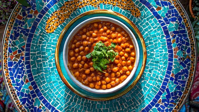 Traditional Indian spiced lentil soup in brass bowl on patterned fabric.
