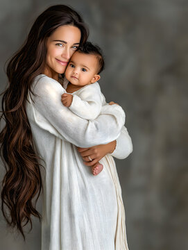 A mother with long black hair tenderly holds her baby against her.