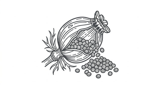 Poppy seed head with scattered seeds illustration.