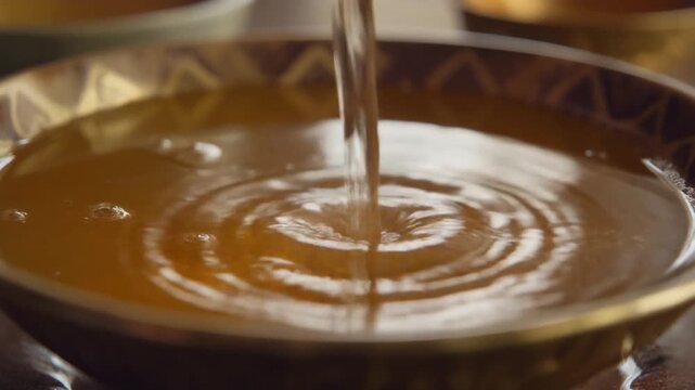 Clear water pouring gracefully into shallow bowl, soft natural lighting, calm ceremonial mood, Thai New Year concept, cinematic close-up, ultra realistic 4K