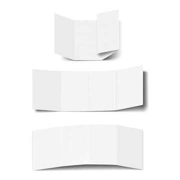 White blank double gate fold brochure. Realistic vector mockup. Four panel 8 page gatefold card front, back layout. Mock-up. Template for design