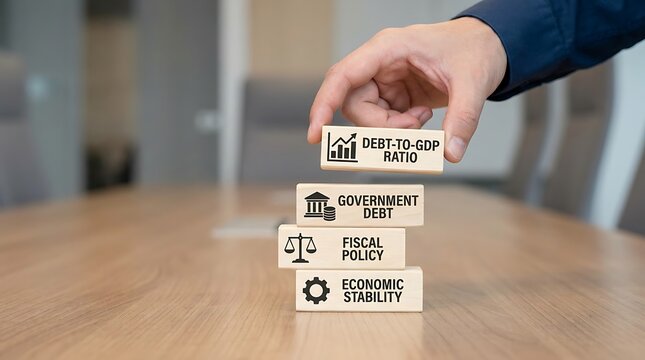 Hand stacking wooden blocks with economic terms debt to gdp ratio government debt fiscal policy and economic stability concepts