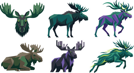 Low Poly Moose Collection Featuring Geometric Elk Wildlife Characters with Polygonal Antlers for Modern Animal Vector Illustration Set