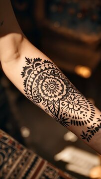Arm of a person displaying a beautiful temporary body art design, featuring intricate black and white mandala and floral patterns, symbolizing spirituality and ephemeral beauty