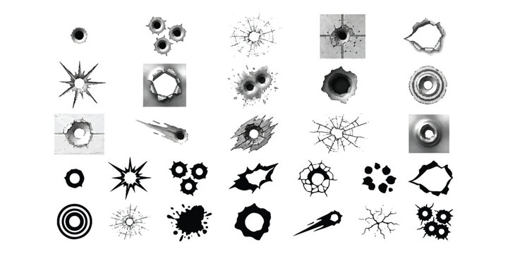 Set of bullet holes and cracks icons in black and white style