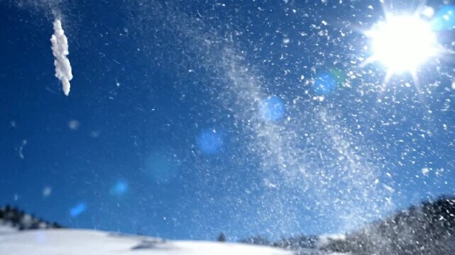 Close-up of Sparkling Snowflake Falling in Bright Sunny Winter Landscape
